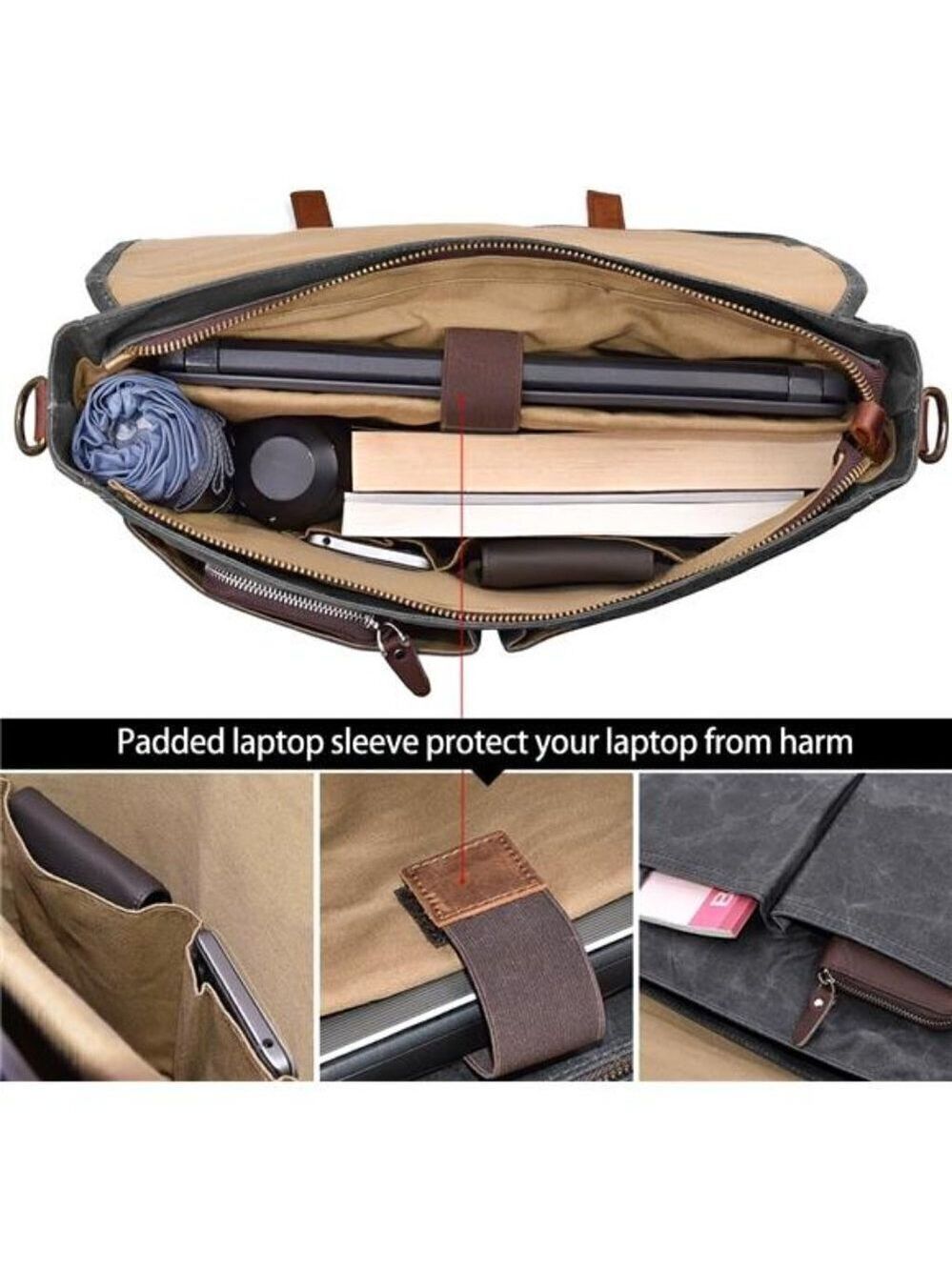 Messenger Bag Waterproof Vintage Genuine Leather Canvas Briefcase Laptop GRAY - Picture 5 of 7